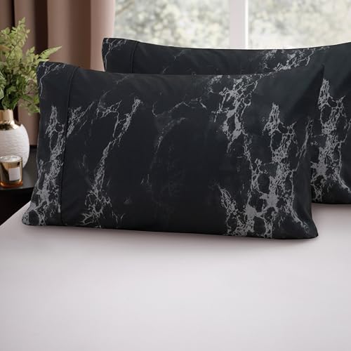 Image of Elegant Comfort Luxury Ultra-Soft 2-Piece Pillowcase Set - 1500 Premium Hotel Quality Microfiber Double Brushed - Wrinkle Resistant, Standard /Queen, Marble Pattern Black