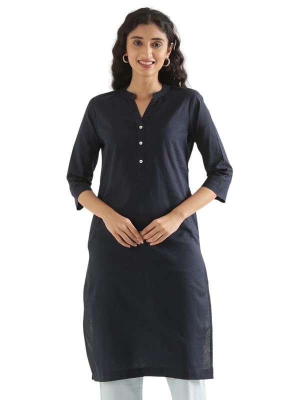 Image of SAADAA Women's Linen Straight Fit Straight Long Kurta Airy Plain Kurta, 3 /4 Sleeve, Knee Length Kurtis with Pockets, Casual and Office Wear