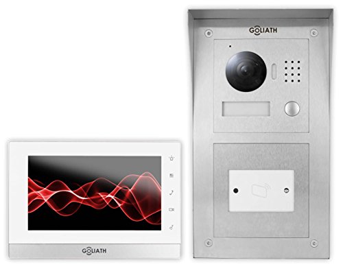 Preisvergleich Produktbild GOLIATH IP Türsprechanlage mit Türöffner, Aufputz RFID Türstation, Edelstahl, HD Kamera, Handy App, Schlüsselloser Zugang, 7 Zoll, Video-Speicher, 1 Fam Set, AV-VTC59