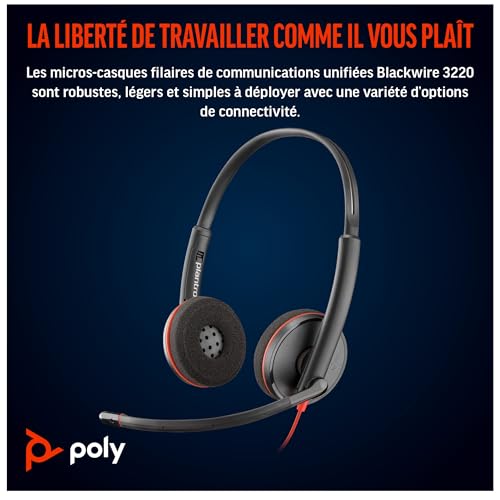 POLY Cuffie stereo Blackwire 3220 con connettore USB-C + adattatore USB-C/A