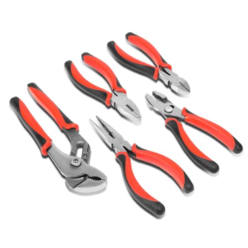 Auto Dynasty 5pcs Pliers Jaws Set with Milled Teeth Hot-Riveted Joint DIY Repair Hand Tool Kit Set for Garage Home Household Office Warehouse, Red