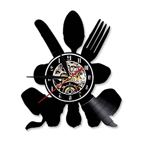 Instrumentos de cocina Reloj de pared de vinilo Arte decorativo Sin tictac Reloj de pared de vinilo con pilas Reloj de registro Arte de pared para hombre Mujer Niños Regalos 12 pulgadas Cover