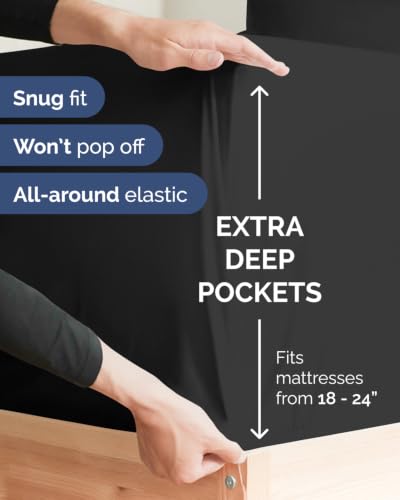 Image of Extra Deep Flex Top Split Head King Fitted Sheet - Hotel Luxury Single Fitted Sheet Only - Easily Fits 18 inch to 24 inch Mattress - Ultra Soft, Wrinkle Free w /Extra Deep Pockets - Black
