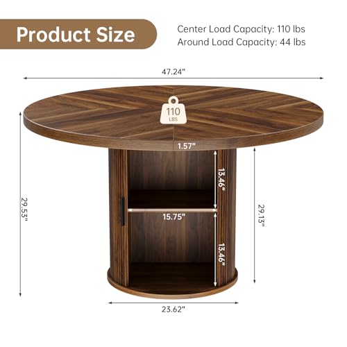 47 inch Round Dining Table for 4, Farmhouse Kitchen Table with 2-Layer Storage Shelf and Wood Slide Door Modern Dinner Table or Home Dining Room Living Room (Walnut)