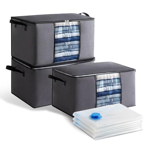 NEWSONA Lot de 3 Sacs de Rangement en Tissu Non-tissé 60×40×35 cm (Gris Foncé) + 3 Sacs Sous Vide 70×50 cm, Housses avec Fenêtre pour Couette,...