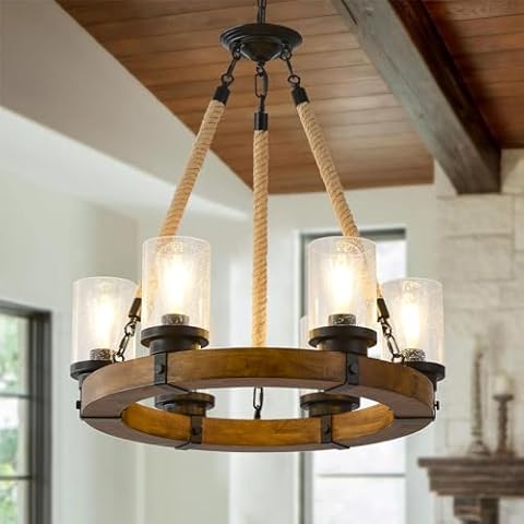 BAOURE Farmhouse Wagon Wheel Chandelier Round Wooden Chandelier, 6 Light Round Wagon Wheel Chandelier, Rustic Hanging Ceiling Light Fixture Bedroom Living Room Foyer Hallway Cover