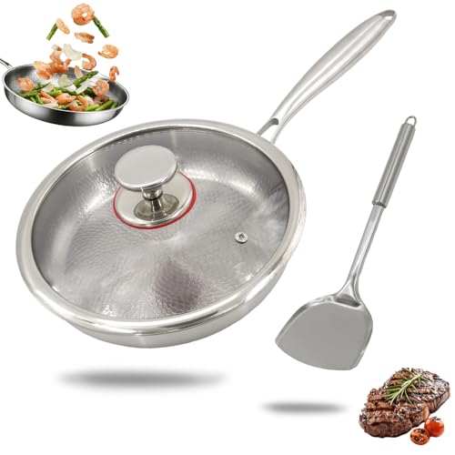 Poêle à frire en titane non revêtue et martelée – Antiadhésive avec couvercle en verre et spatule – Universelle pour plaques à induction et feux...