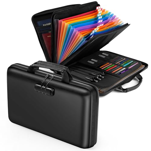 Fireproof Document Safe Box with Lockable Zipper, Hard-shell, 13 Pockets, Waterproof for Important Papers Binder, Fire/Water Resistant File Box for Travel, Home & Office, Organizer for Passport, Cards