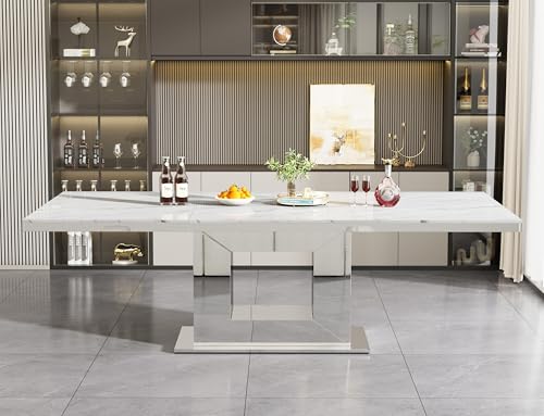 Image of Modern 63 inch-94 inch Rectangular White Faux Marble Extendable Dining Table for 6-10, Luxury Rectangular Dining Room Table, Kitchen Dinner Tables with Marble Veining Tabletop & Mirror Acrylic Base