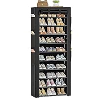 OYREL Shoe Rack 10 Tier Tall 36-41 Pairs with 6 Large Pockets Large Storage Capacity Dustproof Shoes Storage for Closet Entryway, Sturdy Black Shoe Organizer Stand Shelf with Cover