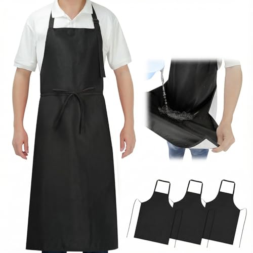 SHEOMERN Lot de 3 tabliers en tissu double imperméable, anti-déchirure, légers, pour lave-vaisselle, avec longues bandes de taille, tabliers à bavette réglables, Noir , XL