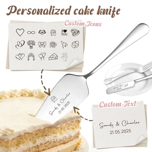 Personalised Cake Cutter Customisable Stainless Steel Wedding Cake Knife with Names Suitable for Weddings Anniversaries Birthdays Everyday Occasions (Two-piece Set - 2) - Image 3