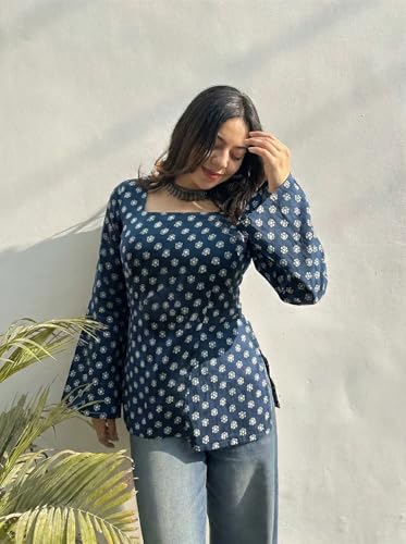 Image of ANNI Designer Women's Viscose Blend Printed Short Kurti | Straight Fit Casual Ethnic Top | Square Neck 3 /4 Sleeve Kurta Office College