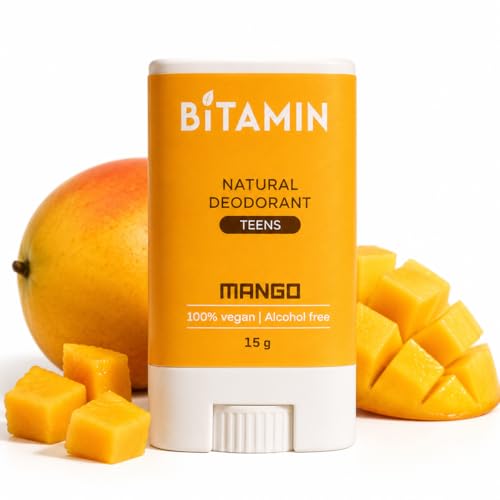 Image of BiTAMIN Mango Natural Deodorant for Kids & Teens | Stick for girls & boys with added 3% Vitamin C & E | Alcohol & Parabens free Teen Skincare | Odour Control | Long Lasting & Vegan 15g (Pack of 1)