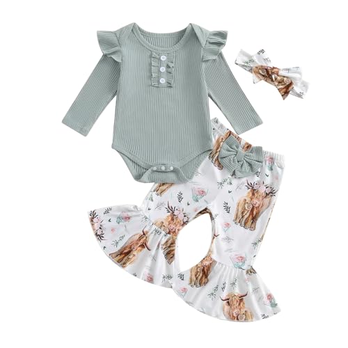 Baby Girl Clothes Newborn Infant Outfits Ruffle Romper Floral Bell Bottoms Pants Headband Sets Ribbed Knit Clothing