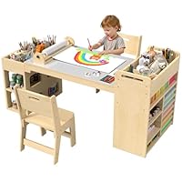 RUPOLX 50\u2033Lx22\u2033W Kids Art & Craft Table and 2 Chairs Set, Portable Supply Organizer and Paper Roll Dispenser, Art Desk and Craft Table for Kids, Toddler Activity and Coloring Tables with Storage(Gray)