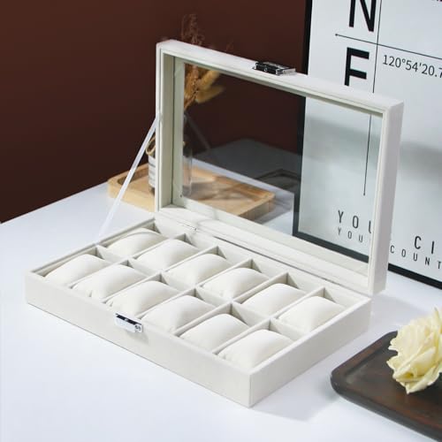Image of Watch Display Case For Men,Leather Watch Organizer Box,Watch Travel Organizer Tray,Watch Collection Storge Holder For Women (Beige Velvet, 12 Slots)