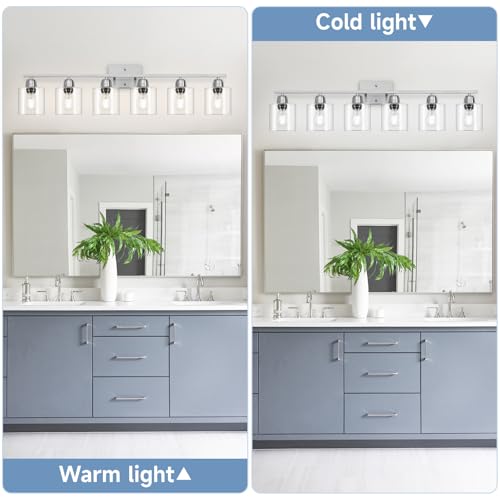 Image of Modern Brushed Nickel 6 Light Bathroom Light Fixtures,38 inch Vanity Lights for Bathroom with Clear Glass, Vanity Light for Mirror Kitchen Living Room Hallway Cabinet Porch