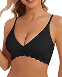 BOUFOR Deep V Bra Low Cut Plunge V Neck Thin Strap Push Up Wireless Bralette Padded Seamless Bra Scalloped Edge, Black, M