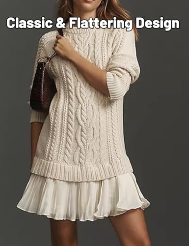 Women Crewneck Cable Knit Sweater Mini Dress, Long Sleeve A-Line Pleated, Cable Knit Sweater Dress Women2
