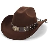 Felt Fedora Western Cowboy Hat for Women Men with Longhorn-Bull-Buckle-Belt Rolled-Up Brown Country Retro Rodeo-Cowgirl-Hats M