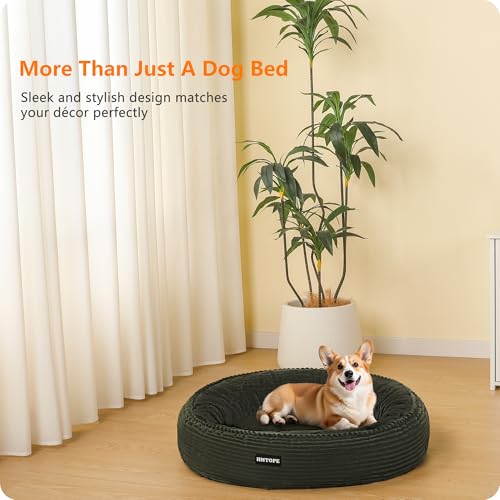 HMTOPE Hundebett Mittelgroße Hunde, Katzenbett Waschbar, Kuscheliges Hundekissen, Rund Cord Hundekorb, Donut, Hundesofa, Abnehmbar und rutschfest, Ø 70 cm, Olivgrün