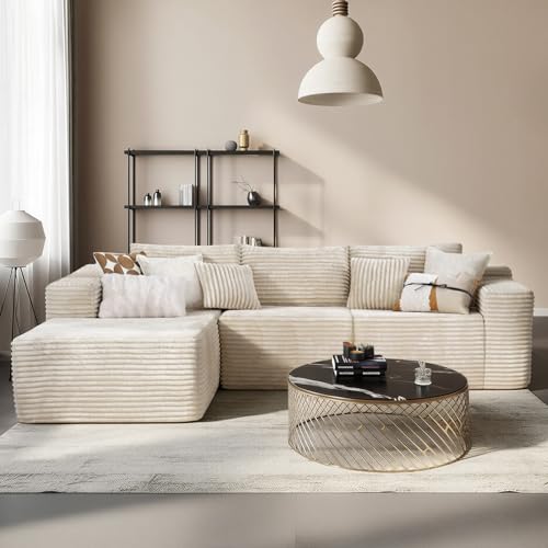 Aivermeil Modulares Ecksofa L Form Cordstoff Boneless Couch mit Schlaffunktion Ecksofa mit Liegesessel 3 Rückenlehnen & 4 Kissen Keine Montage Beige