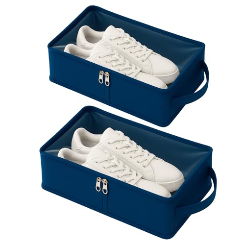 Image of Under Bed Storage Shoes Organizer Box with Clear Plastic Zippered Cover (Blue, Pack of 2)