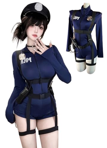 コスプレ セーラー服 ポリス 警察 婦人警官 制服 セクシー 可愛い かわいい かっこいい レオタード ハイレグ ランジェリー タイト（ネイビー）長袖 ハイネックジップ 体操着 透け ミニスカート エロ エッチ 貧乳 メイド かっこいい コスチューム 仮装 ランジェリー アニメ ハロウィン レディース プレゼント 5点セット - 画像1