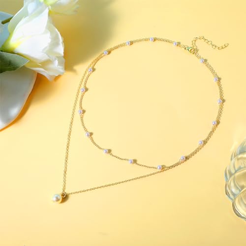 Dainty Gold Pearl Necklace for Women Trendy Gold Plated Layered Necklaces Simple Gold Herringbone Chain Necklace Single Pearl Strand Choker Necklace Gold for Women Girls Fashion Gold Jewelry Gifts - Image 5