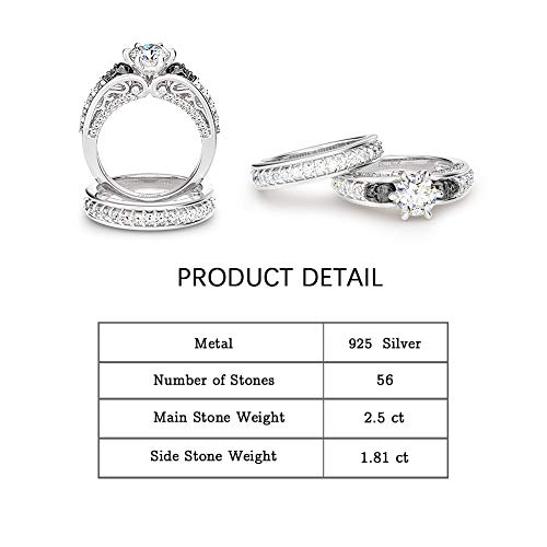 Image of Jeulia 4Carat Women Curved Two Tone Skull Rings Men Sterling Silver White Diamond Bridal Ring Set Round Cut Halo Engagement Rings Cubic Zirconia Eternity Band Promise Wedding Anniversary
