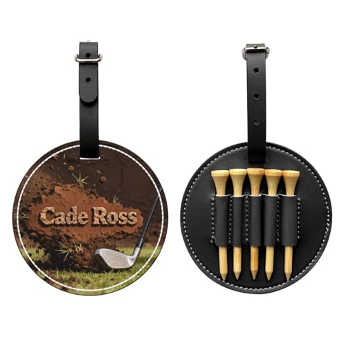 JugJug Personalized Golf Bag Tag with Tee Holder - Custom Name on Dirt Divot Design - PU Leather Golf Accessories for Men - Unique Golfer Gift for Dad