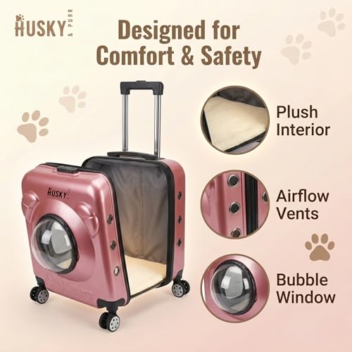 Image of Husky & Purr Pet Carrier with Wheels for Cats & Small Dogs | Durable Cat Bag Carrier Trolley with Mesh and Transparent Dome Front, Telescopic Handle, Up to 8kgs