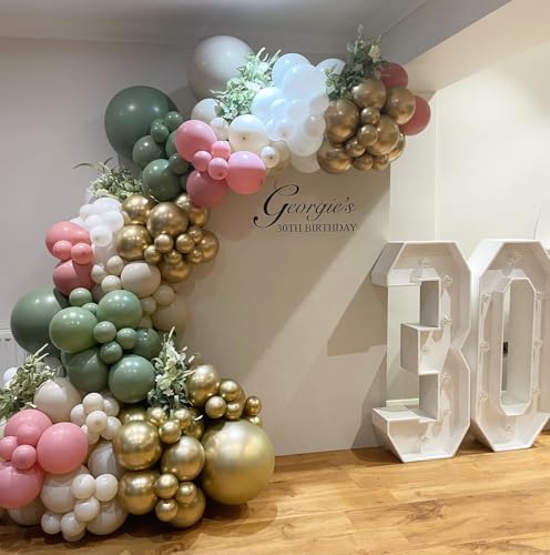 Image of 152Pcs Pink and Green Balloon Garland Arch Kit - Sage Green and Pink White Sand Gold Different Size Balloons for Girl Baby Shower Wedding Birthday Jungle Safari Woodland Party Decorations