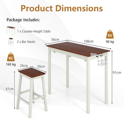 TANGZON 3-Piece Dining Table Set, Wooden Kitchen Table and 2 Stools with Wine Holders, Footrest & Non-Slip Footpads, Space Saving Breakfast Bar Table Chairs Set (Flat Seat, with Wine Holder) - Image 6