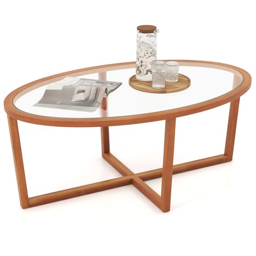 COSTWAY Table Basse en Verre Trempé, Table Basse Bois Ovale, Pieds Croisée en Bois d'Acacia, Table de Salon Naturel, Brun