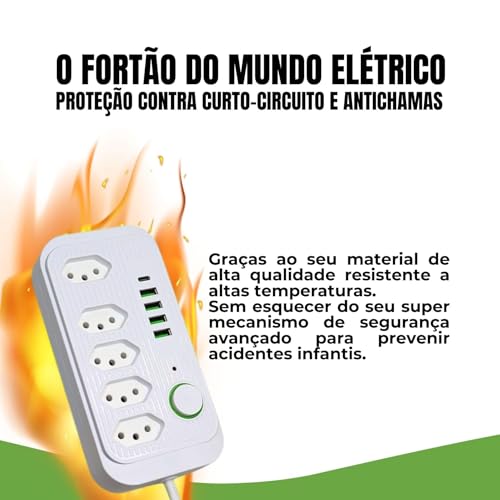 Filtro de Linha e Extensão, contendo 5 Tomadas, 4 Interfaces USB e 1 Porta USB Tipo C. Inclui um Cab