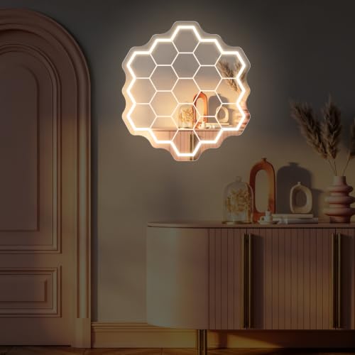 Image of Colmena Mirror Neon Sign, Hexagon Mirror LED Light | USB Powered Dimmable Mirror Light, Aesthetic Wall Art for Bedroom Entrance Home Party Decoration Gift, 14.4 inchx13.4 inch