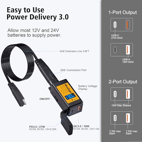 Image of Mroinge Motorcycle USB-C Charger, SAE to USB Adapter, 27W Dual Port USB Fast Charger with Voltmeter /Ammeter and ON /Off Switch, Perfect for Phone, Tablet, GPS etc Charging