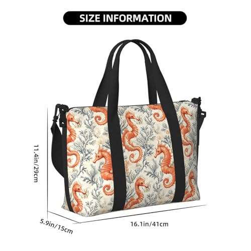 Laptop Tote Bag for Women Work - Orange Seahorse Pattern Print Weekender Overnight Bags for Women Travel, Gym Duffle Bag for Men, Personal Item Crossbody Travel Bags for Men Carry On2