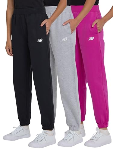 New Balance Girls Active Fleece Jogger 3 Pack  Soft Cotton Blend Fleece Athletic Performance Casual Sweatpants (4-16)