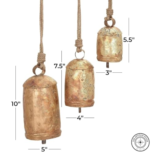 Metal Tibetan Inspired Meditation Decorative Cow Bell with Jute Hanging Rope, Set of 3 10",8",6"H, Christmas Bell - Image 2