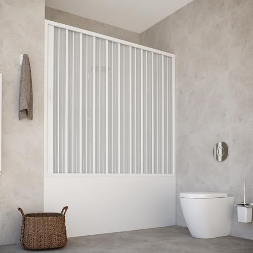Mampara para bañera, 140 x 150 cm, modelo Alba, de PVC, puerta única con apertura lateral, paneles semitransparentes, perfiles de color blanco
