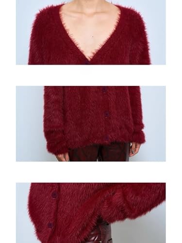 Image of Womens Fuzzy Sweaters Cardigan V-Neck Button Down Oversized Mohair Sweater Casual Y2k 2026 Fall Winter