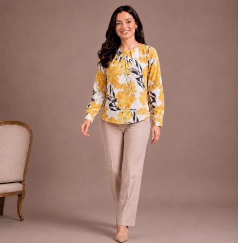 Image of Mirana Women's Full Sleeve Solid Top | Round Neck Pleated Front Regular Fit Office Casual Blouse with Button Cuffs