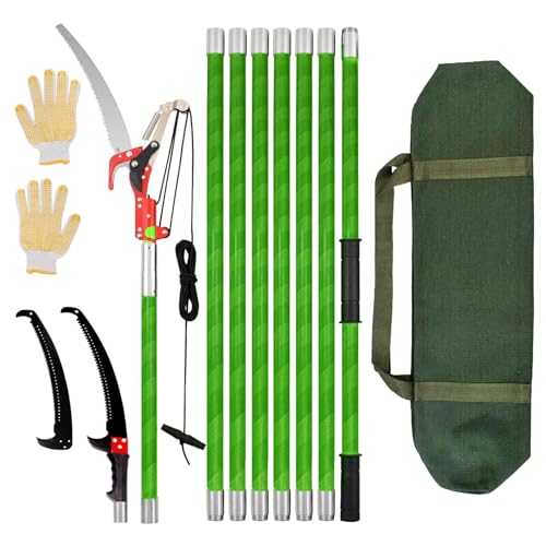 8M Svettatoio telescopico Lunghezza regolabile, 2-in-1 taglia ramis telescopico manuale con borsa di tela e guanti,Set di attrezzi forestali (Verde/Giallo)