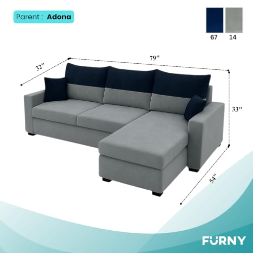 Image of FURNY Premium Huster 5 to 6 Seater Fabric RHS L Shape Sofa Set for Living Room | with Velvet Fabric in Dark Blue & Light Grey Color | Durable Comfort | Modern De