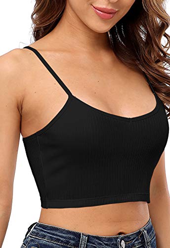 V FOR CITY Ribbed Cami Crop Tops with Shelf Bra for Women Cropped Cami Built in Bra Black