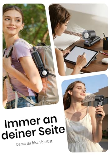 Deyhoc Handventilator Akku aufladbar mit LED-Display & Clip, 1-199 Stufen, 3-in-1 Ventilator für Hand, Nacken & Tisch, Leistungsstarke Mini Hand Ventilatoren für Reisen Camping Büro Zuhause, Schwarz 6