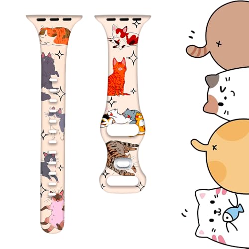 Image of Slim Cute Cartoon Band Printed Compatible with Apple Watch Bands 49mm 46mm 45mm 44mm 42mm 41mm 40mm 38mm Women, Silicone Adorable Printed Fadeless Pattern Design Strap for iWatch Series 11 10 9 8 7 6 5 4 3 2 1SE Cat